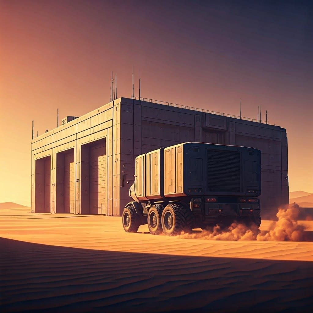 Futuristic Armored Warehouse in Desert Landscape