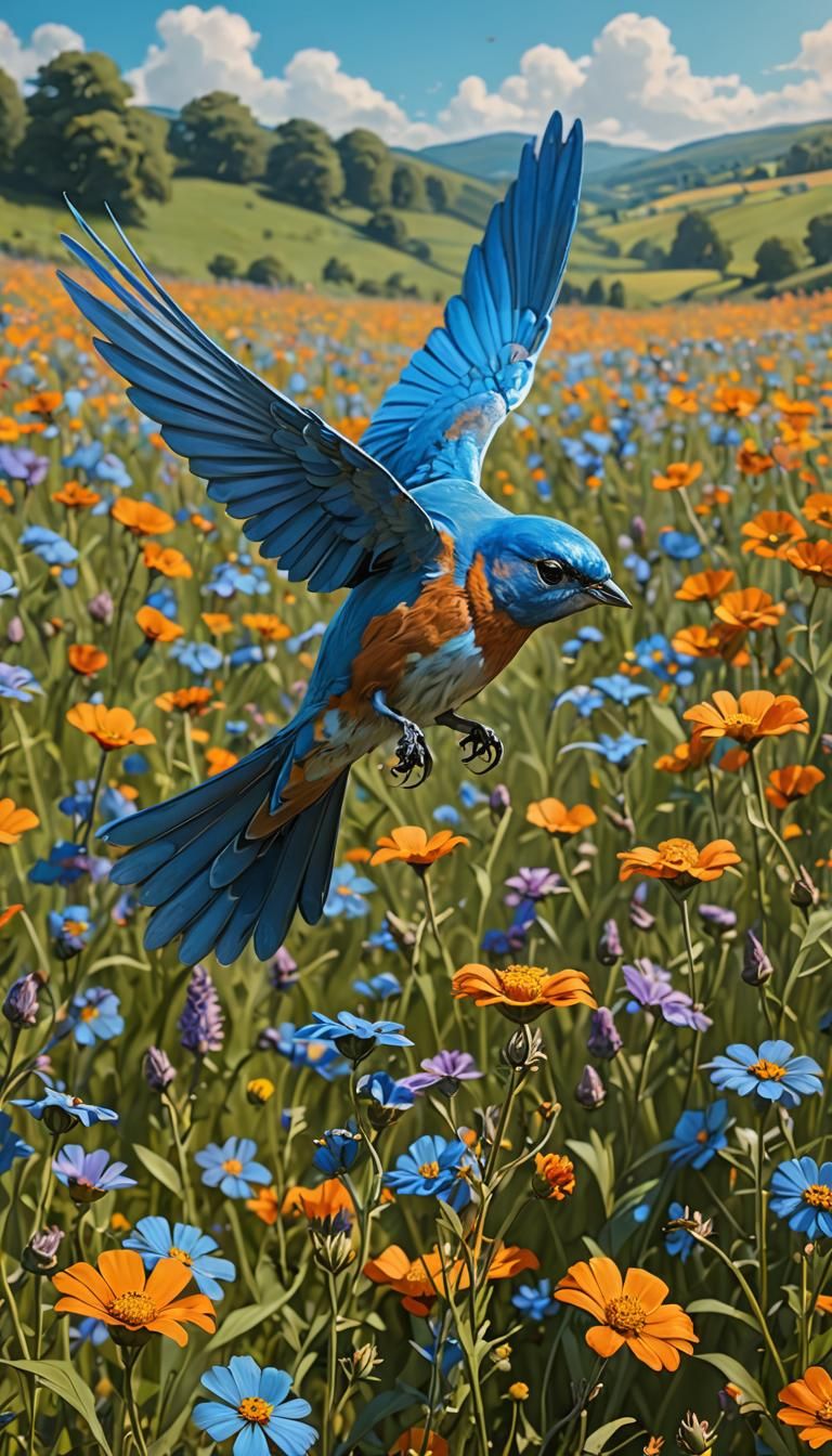 Bluebird Flying Over Wildflower Field, Art Nouveau