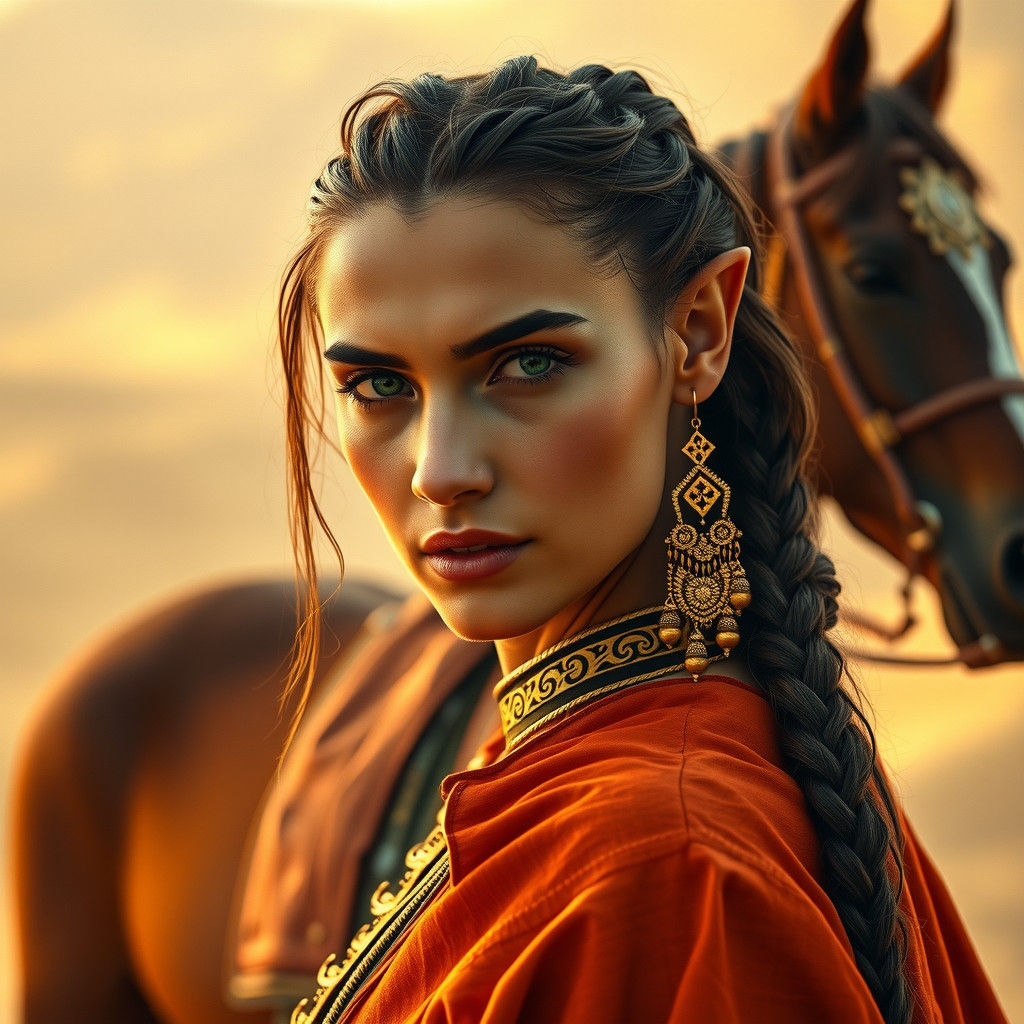 Arabic Woman with Horse in Desert, Cinematic Film Still