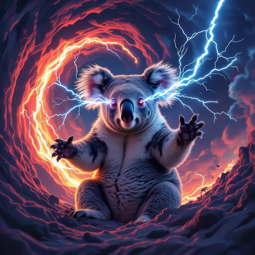 Koala Amidst Volcanic Lightning, Eyes Blazing