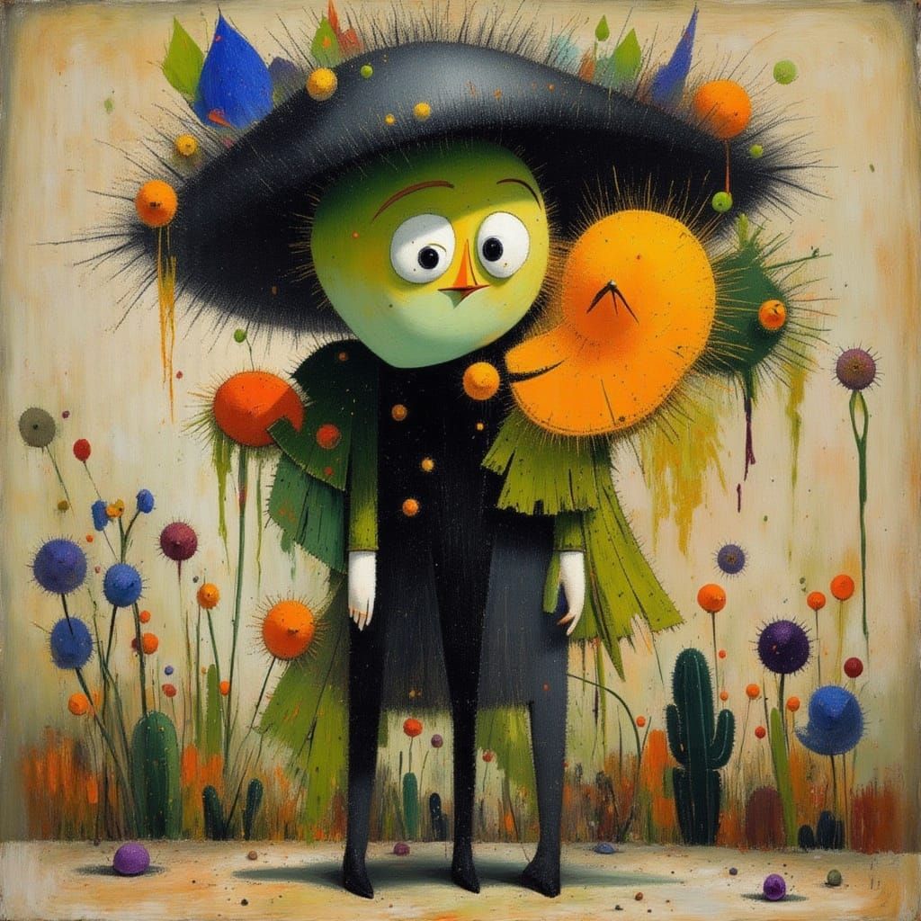 Cactus Person in Impressionist Earth Landscape