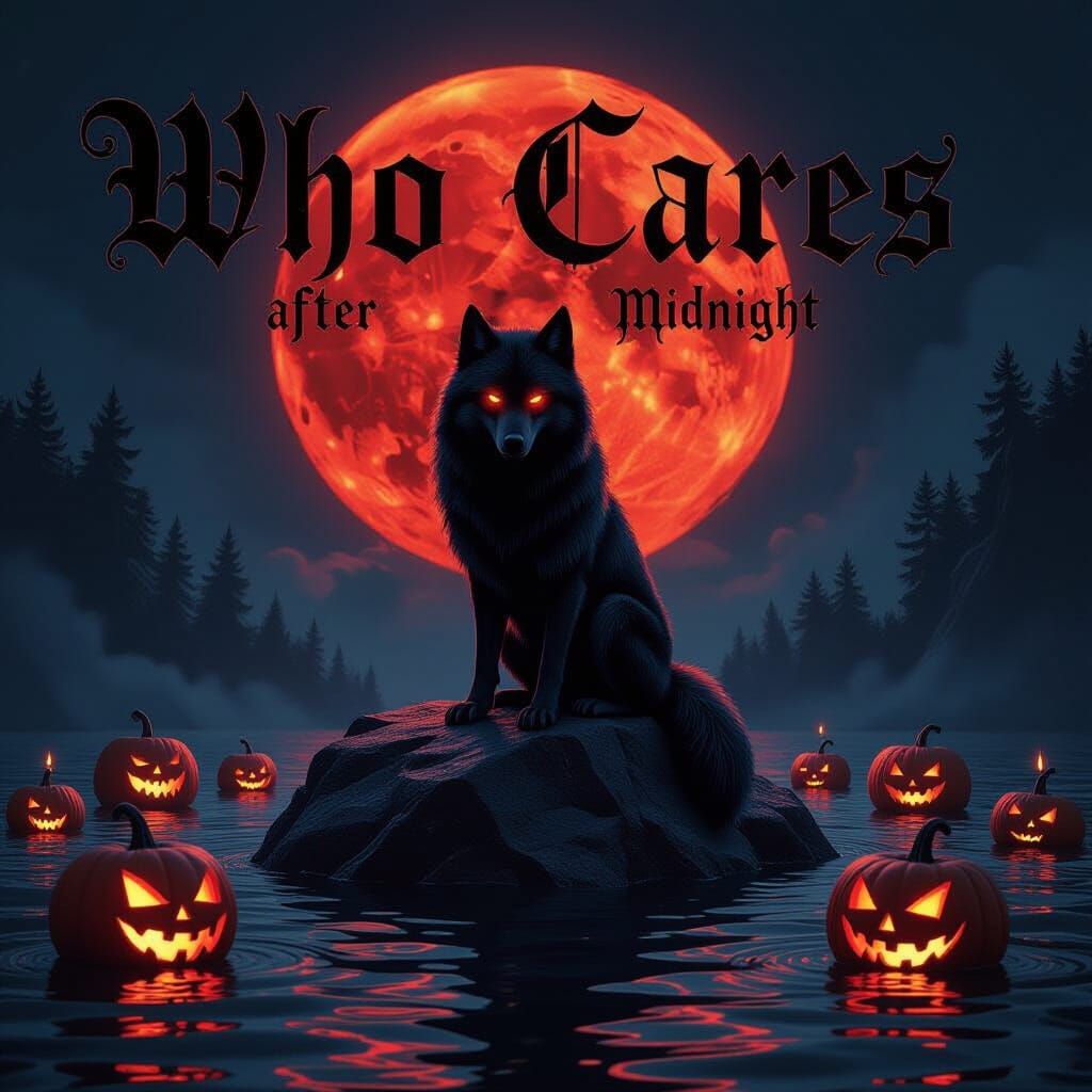 Terrifying Black Wolf with Orange Eyes Under Red Moon