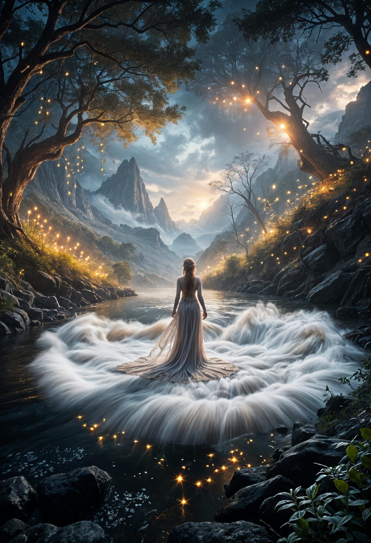 Elven Woman by River at Twilight, Hyperrealistic Art