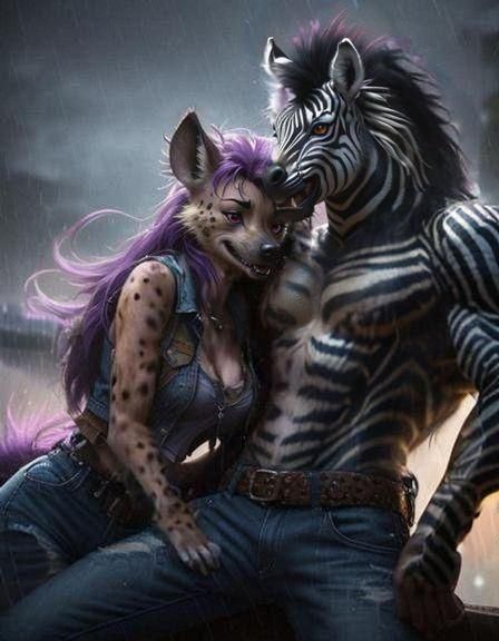 Passionate Furry Embrace in a Rainstorm