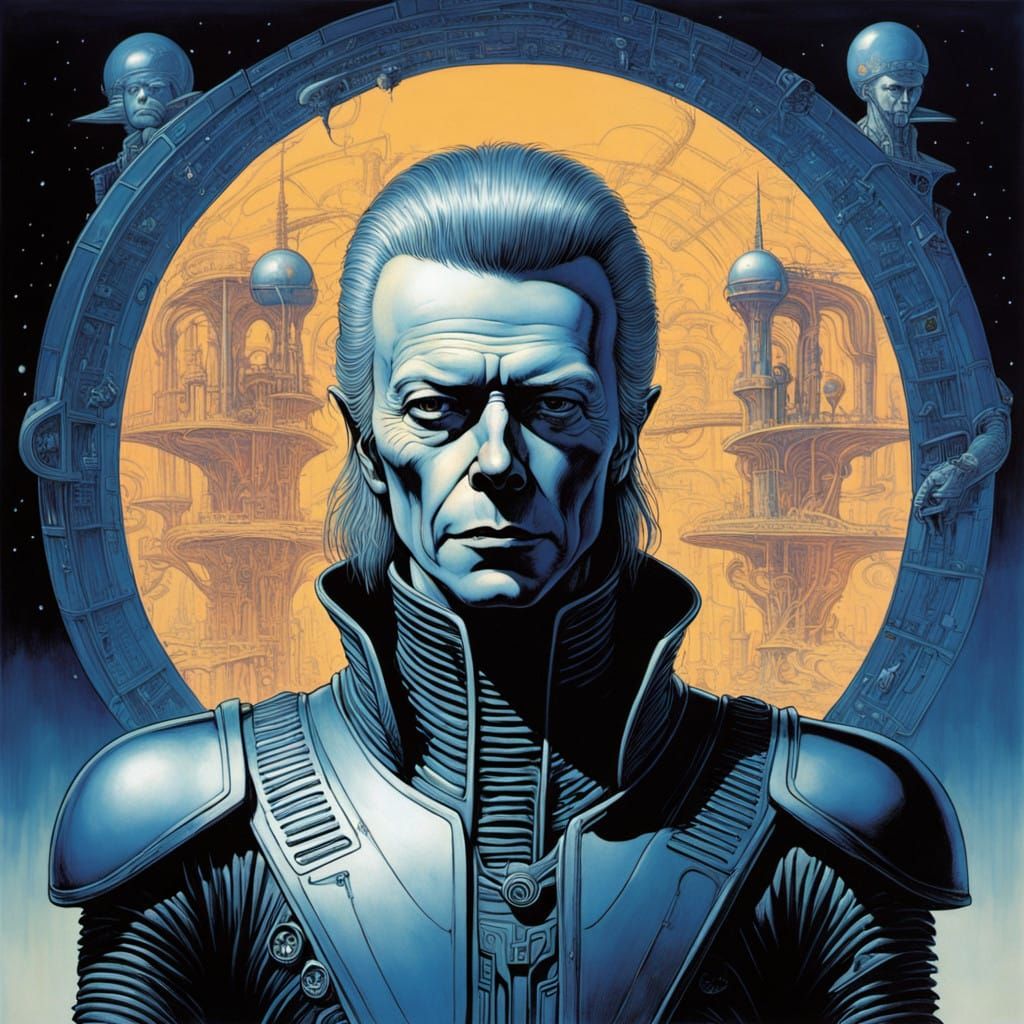 David Bowie in Cosmic Futuristic Spacesuit Dancing Among Sta...