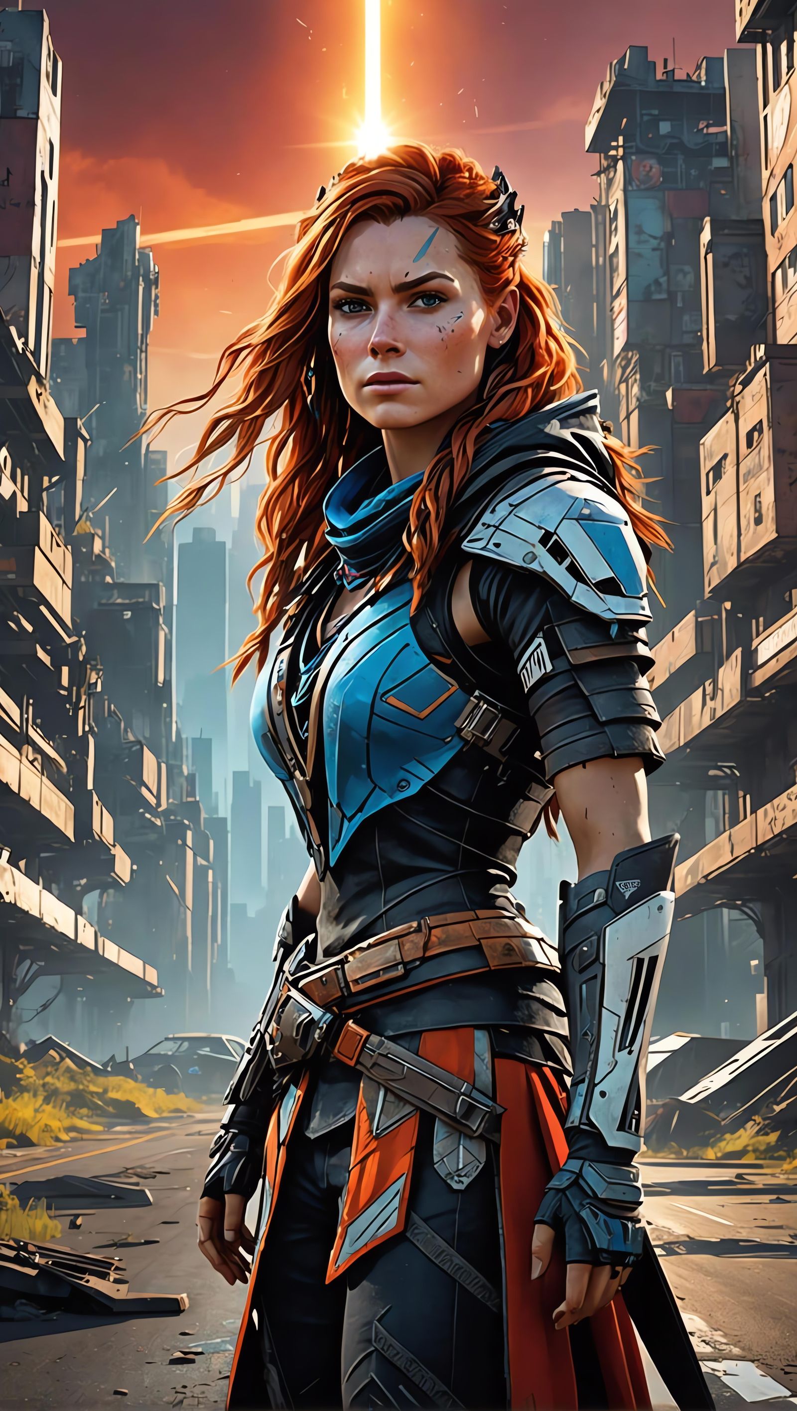 Lonely Redhead in Ruined Cyberpunk Cityscape