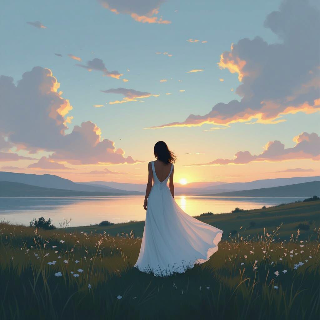 Woman in White Dress in Serene Landscape