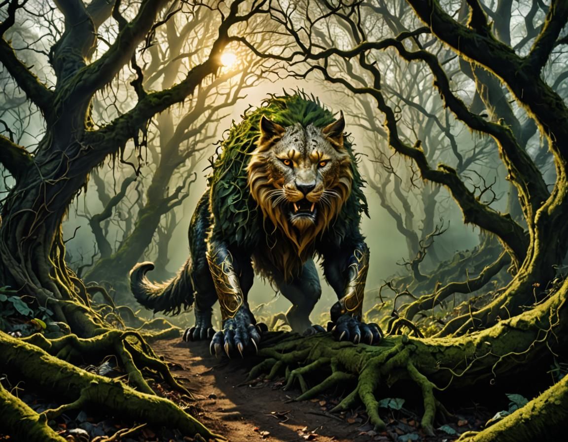 Golden Beast in Eerie Woods: Hyperrealistic HDR