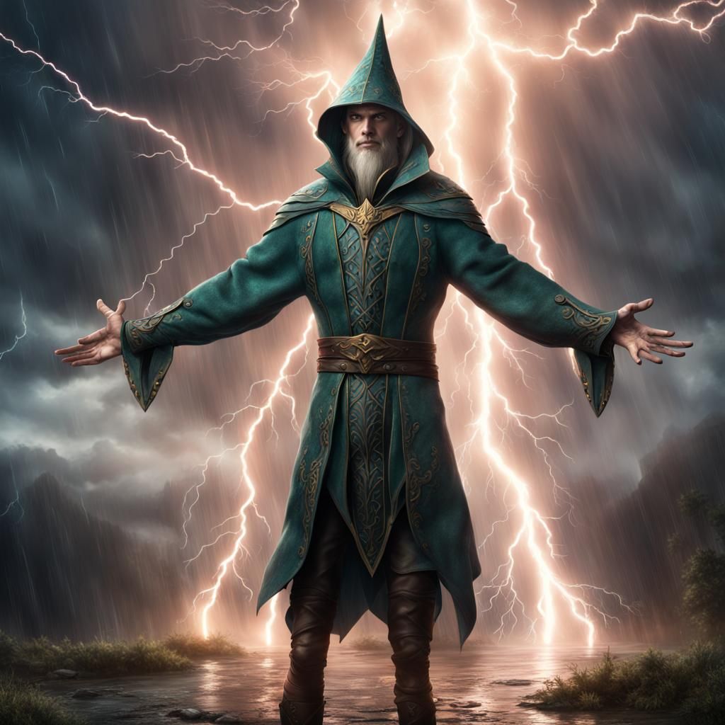 Elven Wizard Absorbing Lightning Power in Detailed Painting