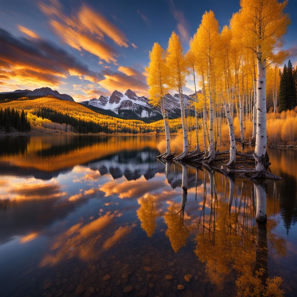 Magical Sunrise Over Lake With Aspen Trees