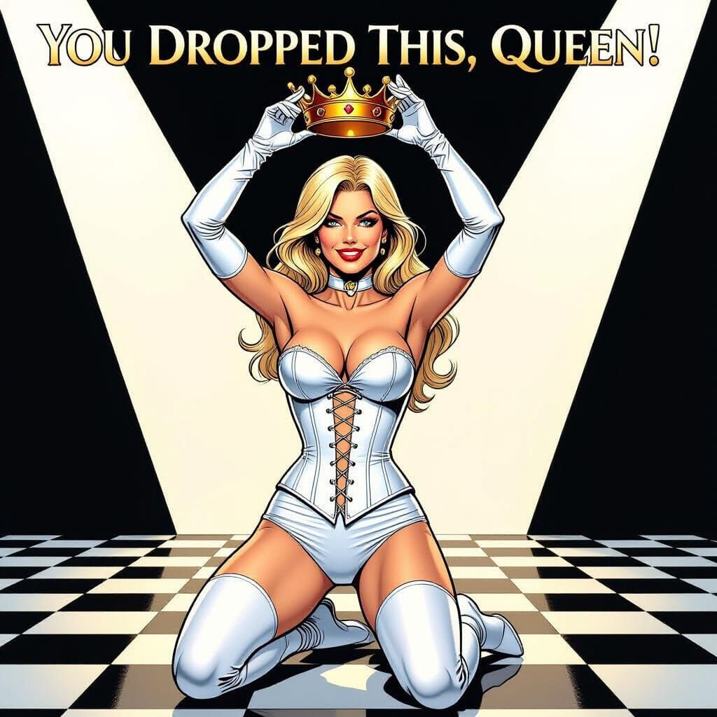 Emma Frost Kneeling with Crown in Comic Style
