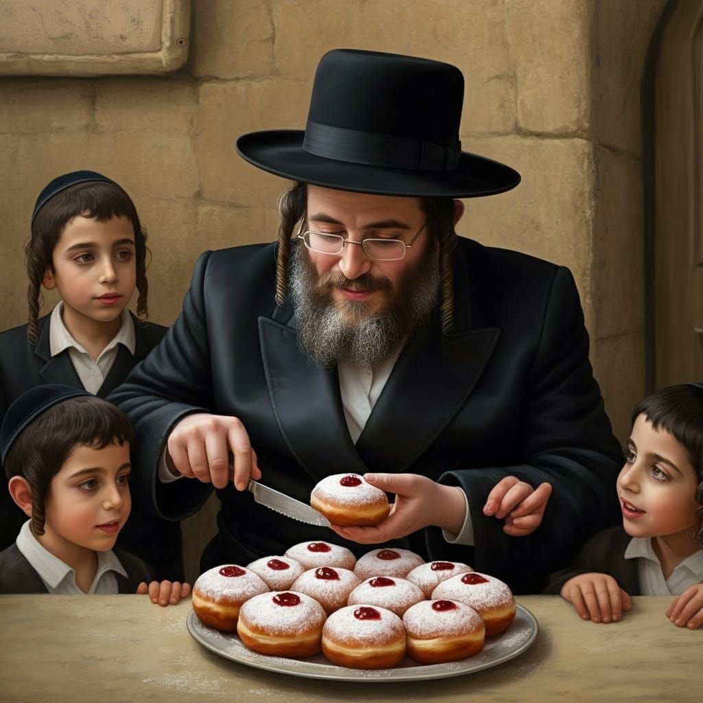 Warm Moment of a Haredi Father Sharing Sufganiyot with His C...
