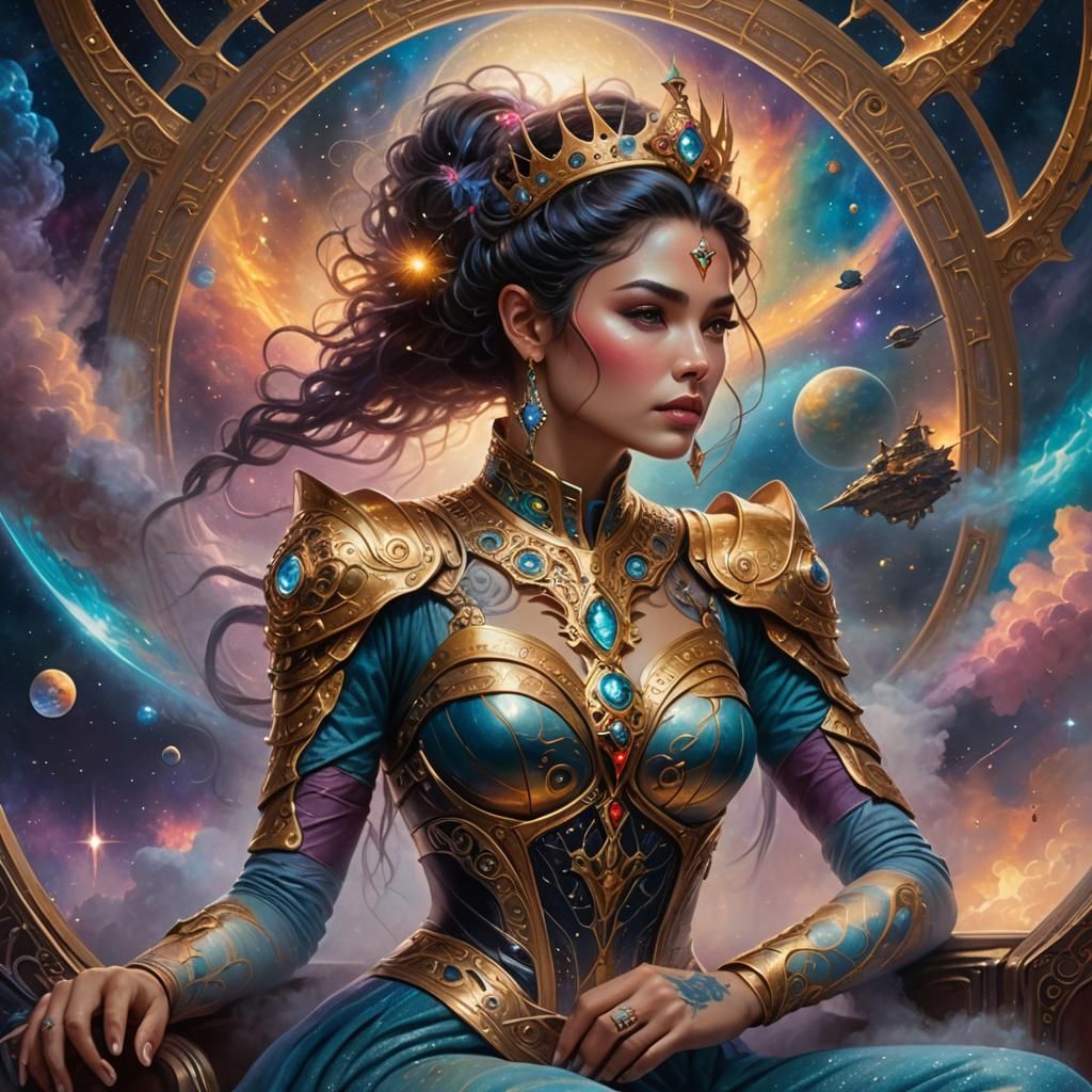 Queen of Space with Warrior Tattoos in Spaceship