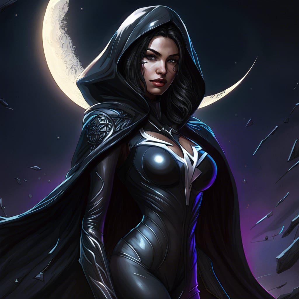 Superhero Girl with Moon Logo in Splash Art Style