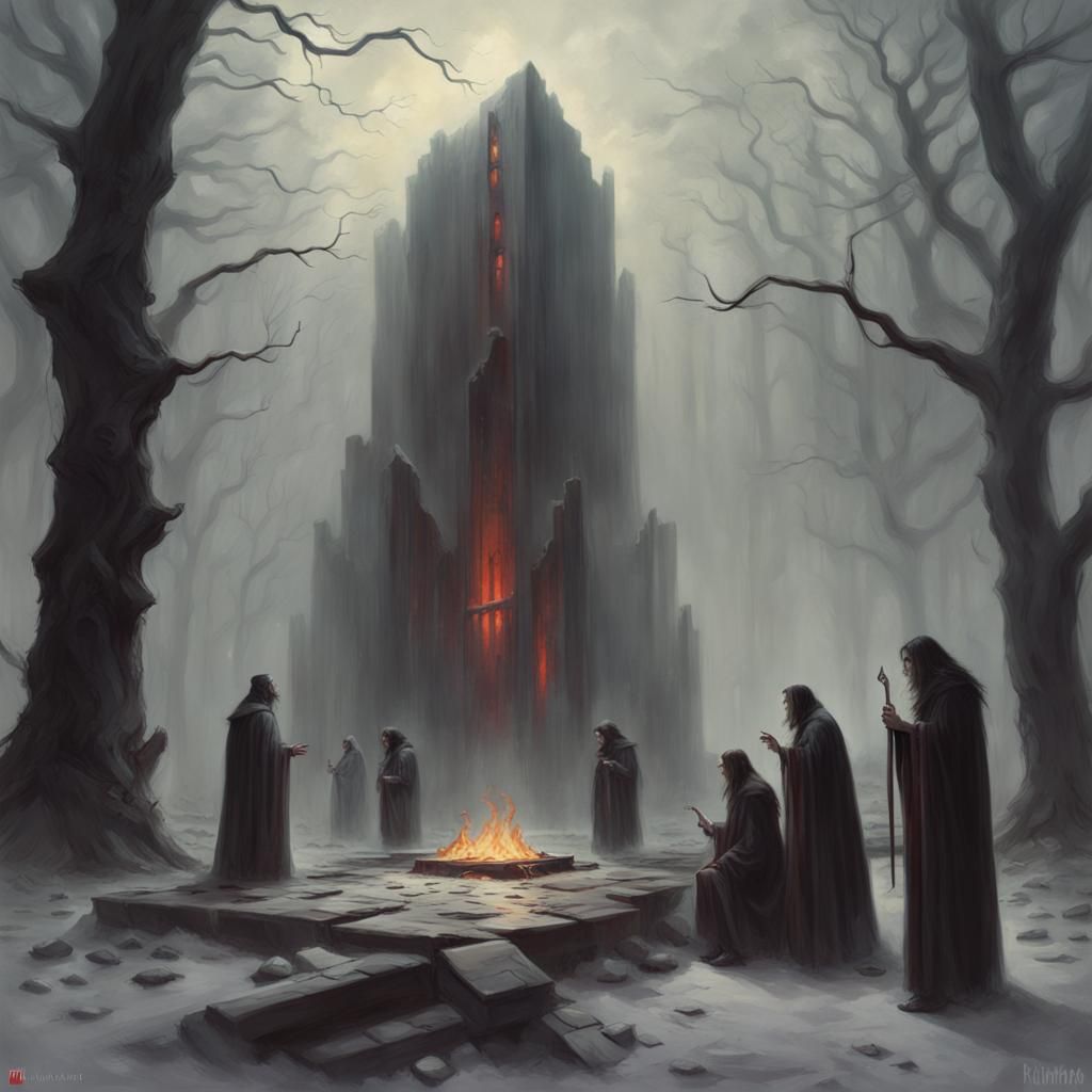 Vampire Cult at Arcane Slab in Foggy Landscape