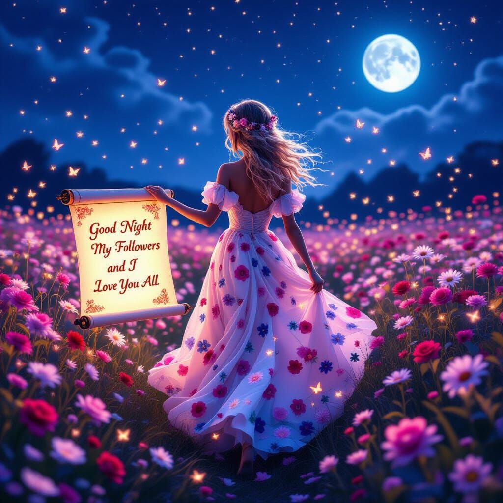 Fantasy Girl in Glowing Flower Field at Night