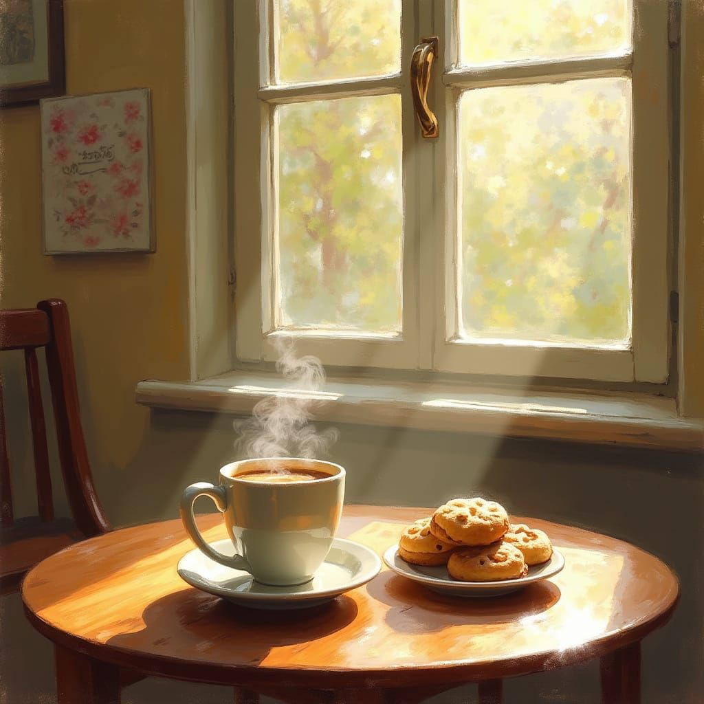 Cozy Sunday Coffee and Cookies in Soft Painterly Style