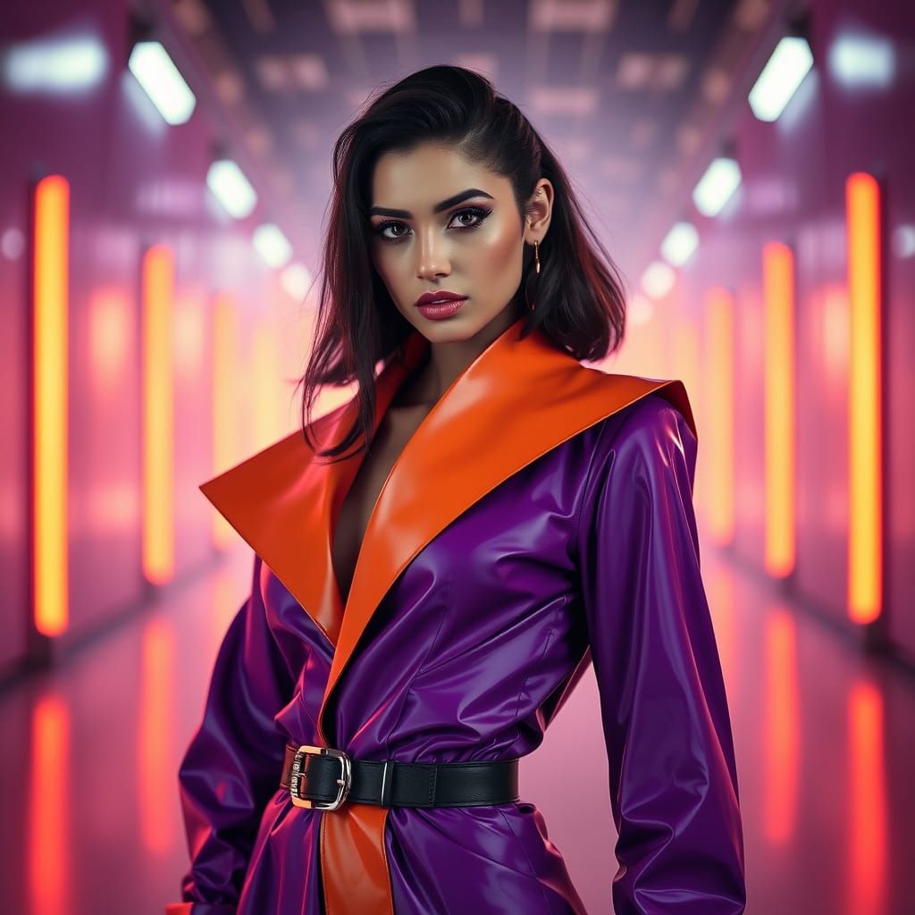 Avant-Garde Model in Vibrant Purple Geometric Outfit