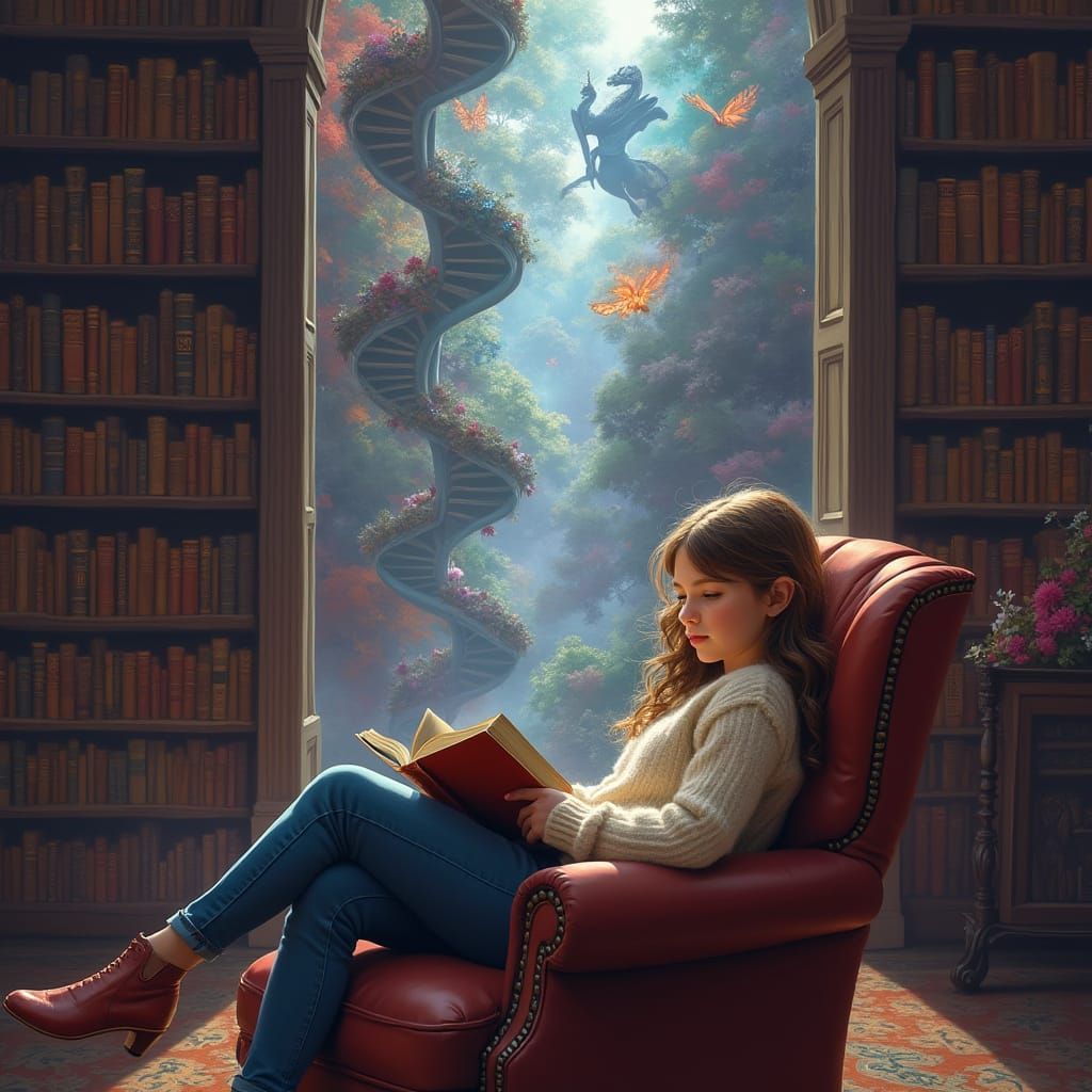 Girl Reading in Magical Library, Ethereal Fantasy Art