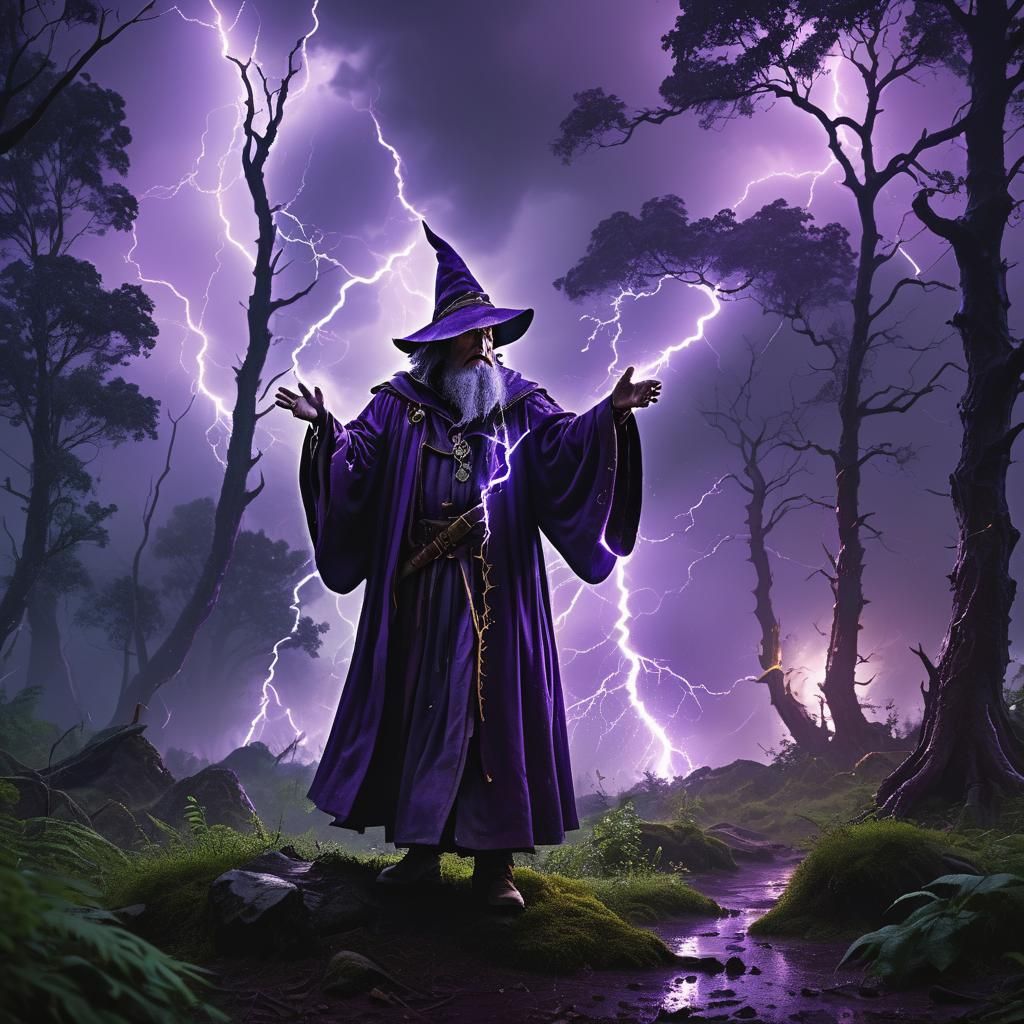 Wizard in Forest During Lightning Storm