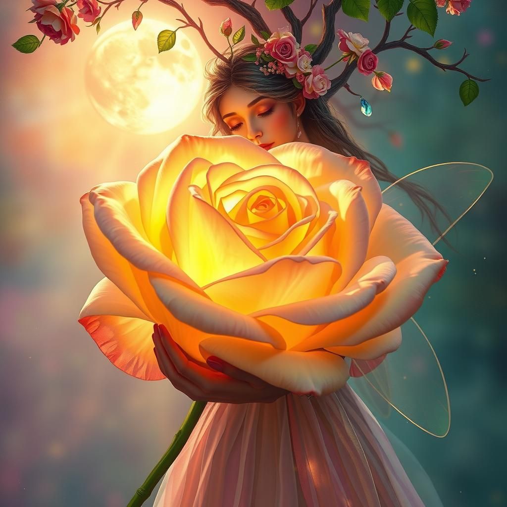 Tree Fairy Hugs Luminous Rose in Dreamy Moonlight