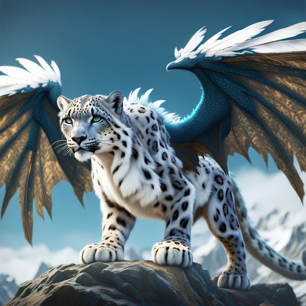 Snow Leopard Dragon Hybrid with Feathered Wings