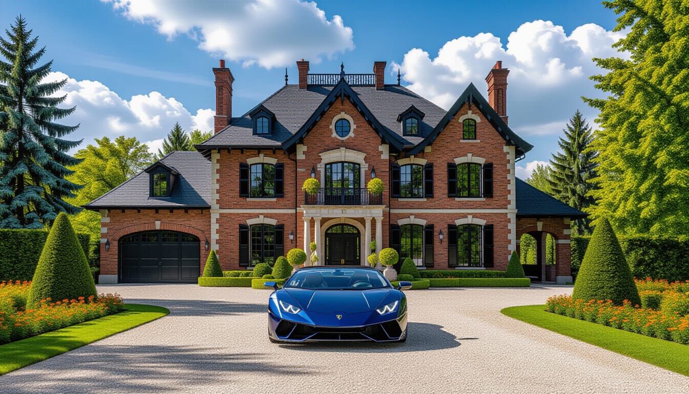 Victorian Chateau with Lamborghini in Summer Garden