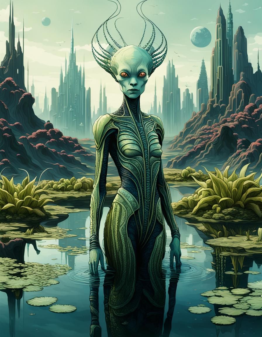 Ethereal Alien Portrait in Vibrant, Dreamlike Landscape