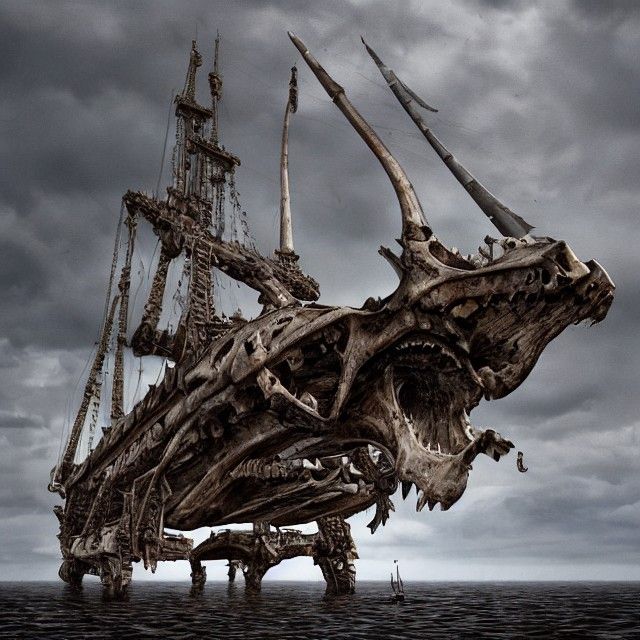Dinosaur Bone Ship Stranded in Mud, Ominous Art