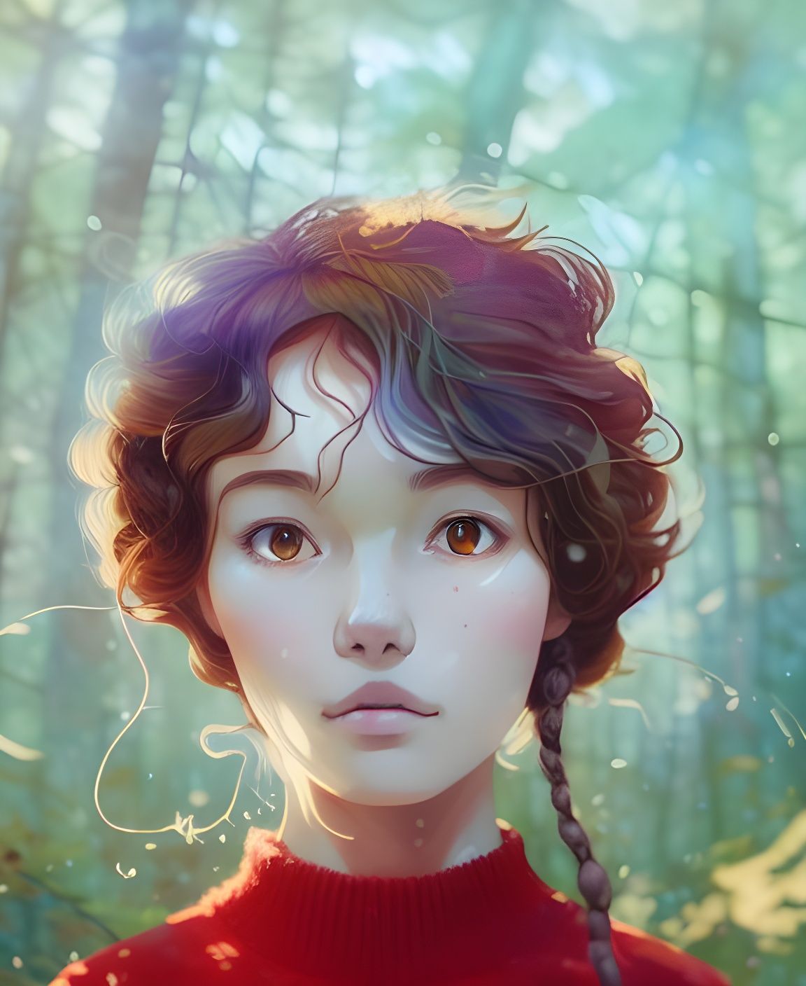 Cute Girl Portrait in Forest, Anime Style