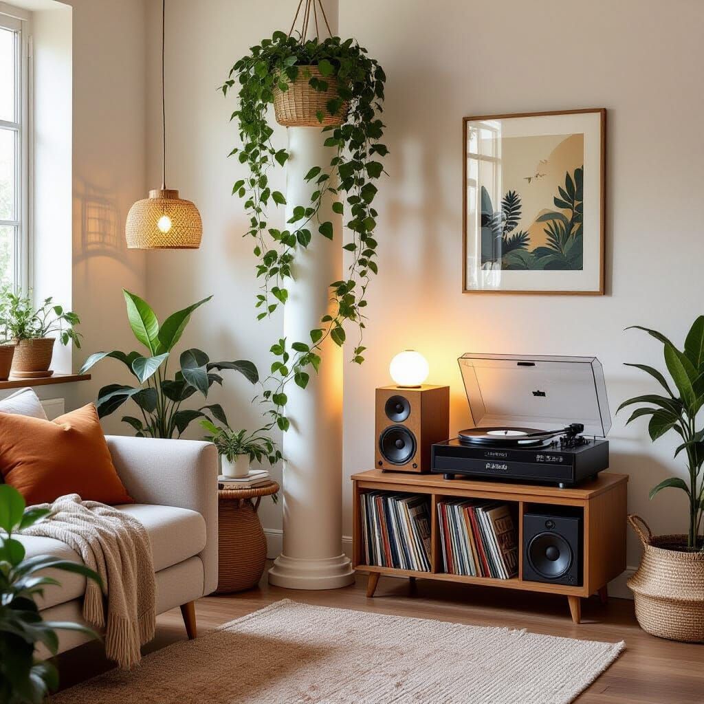 Minimalist Living Room with Vintage Turntable and Vinyl Coll...