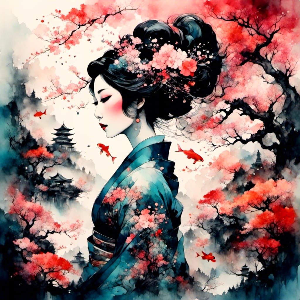 Geisha Profile in Watercolor Double Exposure