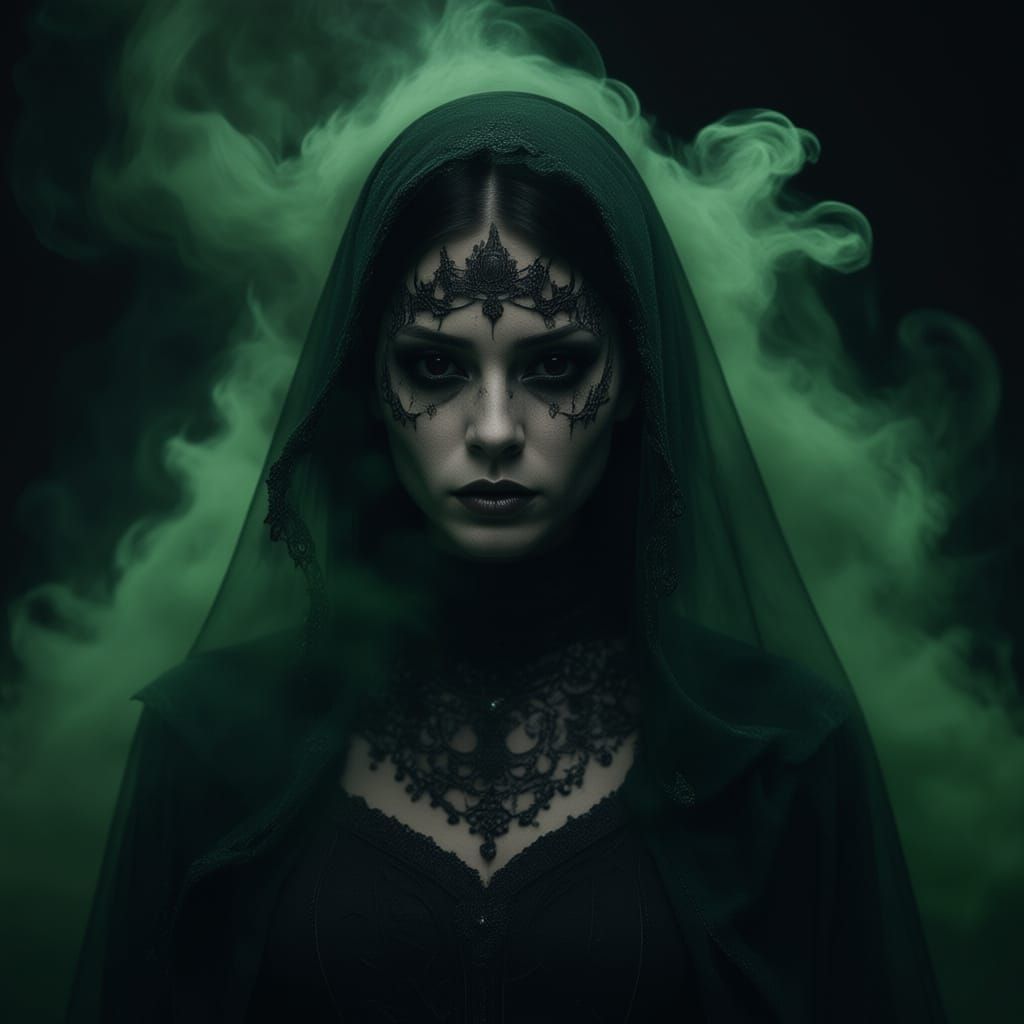 Ethereal Woman in Dark Veil with Green Smoke