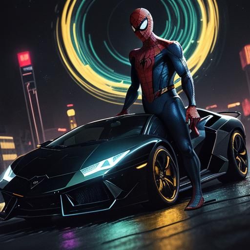 Spiderman in Neon Lamborghini, Comic Book Illustration