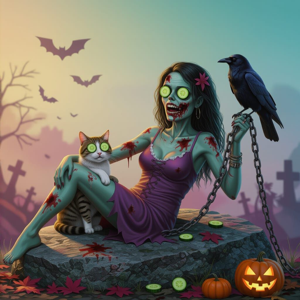 Humorous Zombie Duo Lounging with Cat and Crow