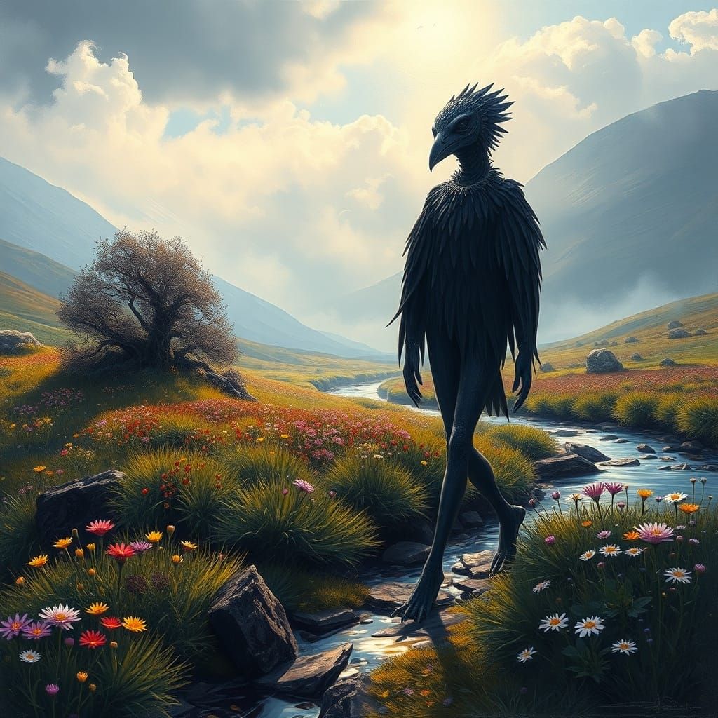 Alien Raven Fashionista in Dreamlike Scottish Landscape
