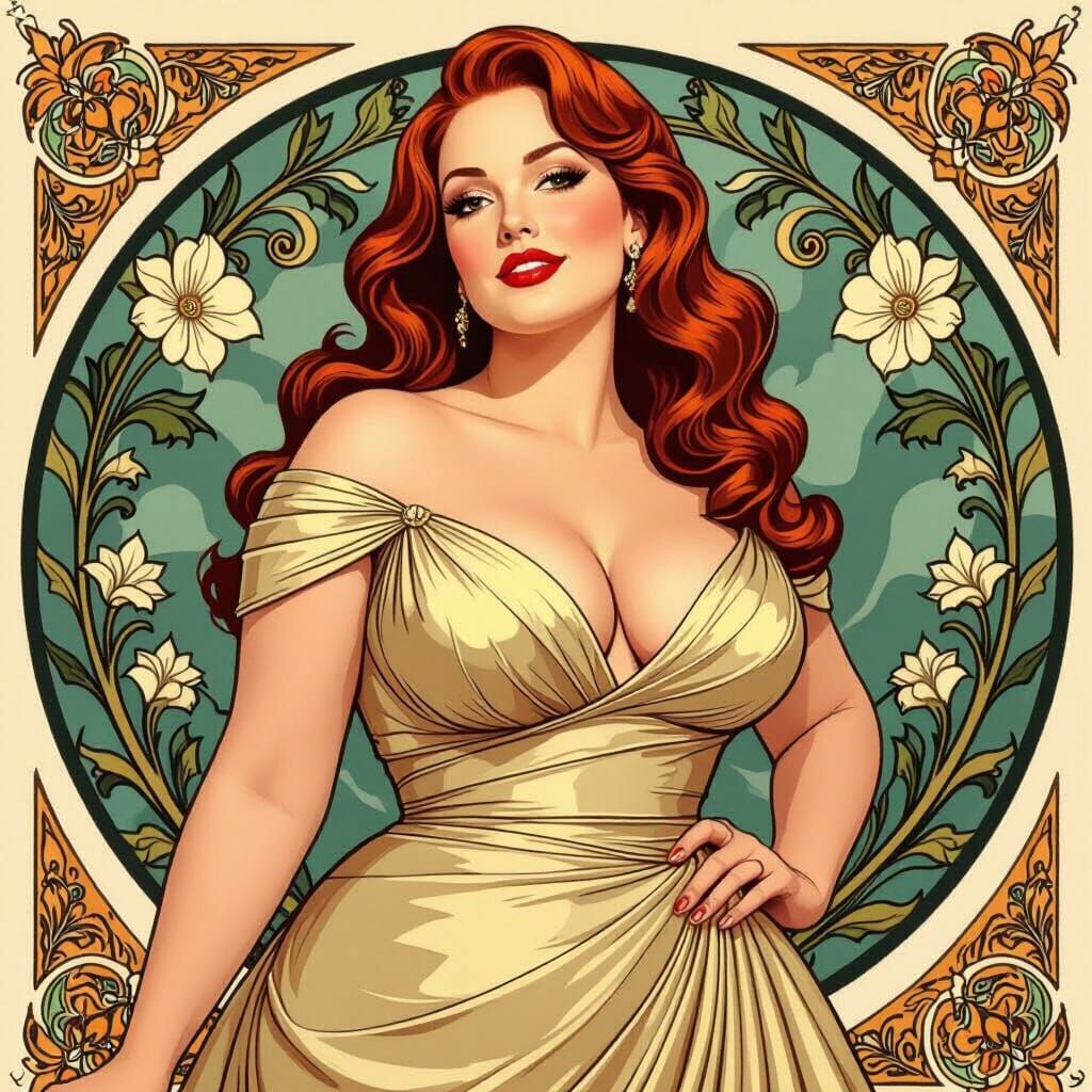 Curvy Woman in Vintage Gown, Art Nouveau Style