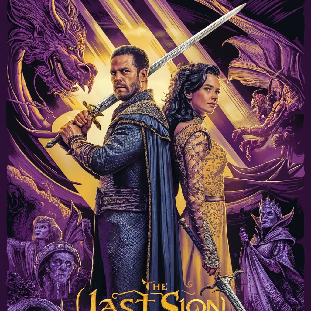 A movie poster for a Sword and sorcery film called "The Last Sion"  starring "Bruce Campbell" and "Jolene Blalock" lots ...