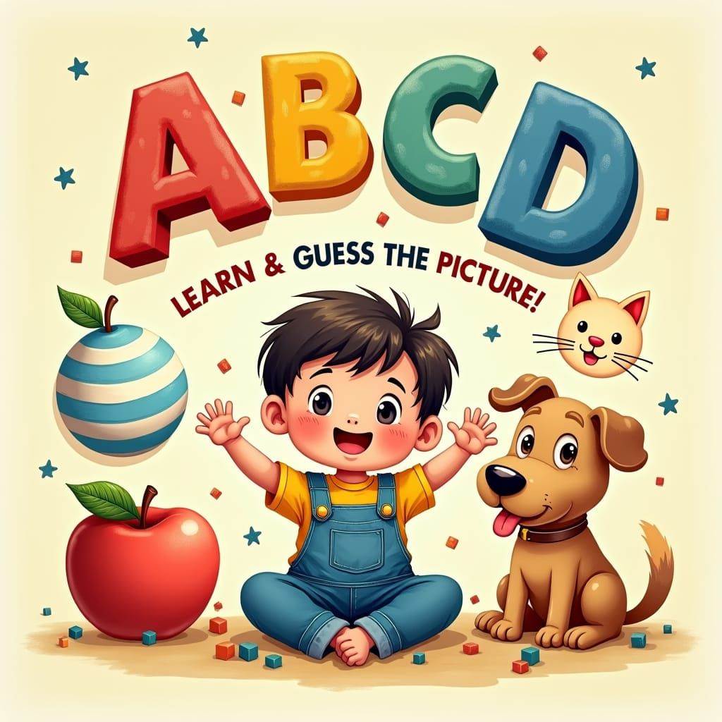 Playful Child with Alphabet Letters in Children's Book Style