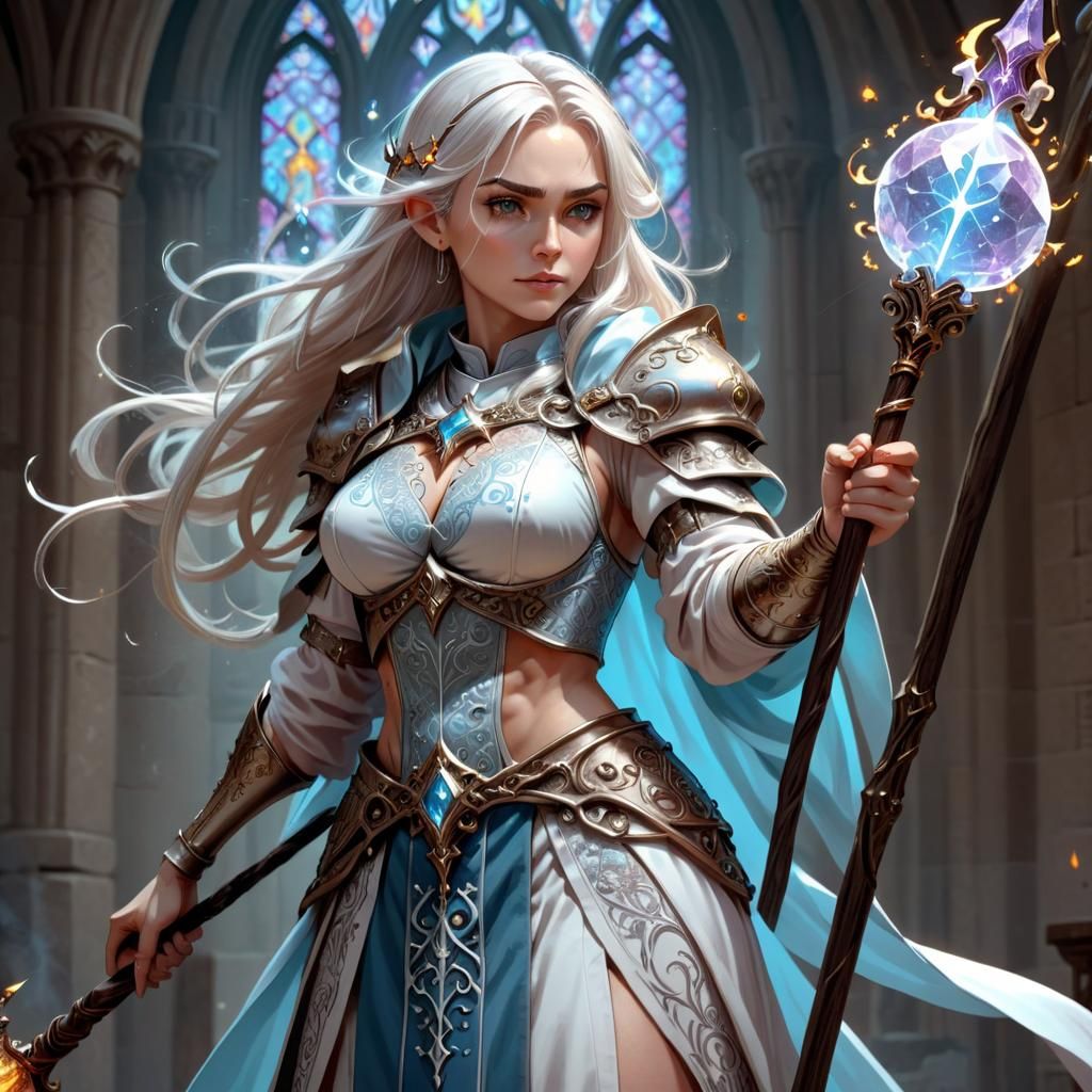 Female Cleric with Magical Staff in Comic Art