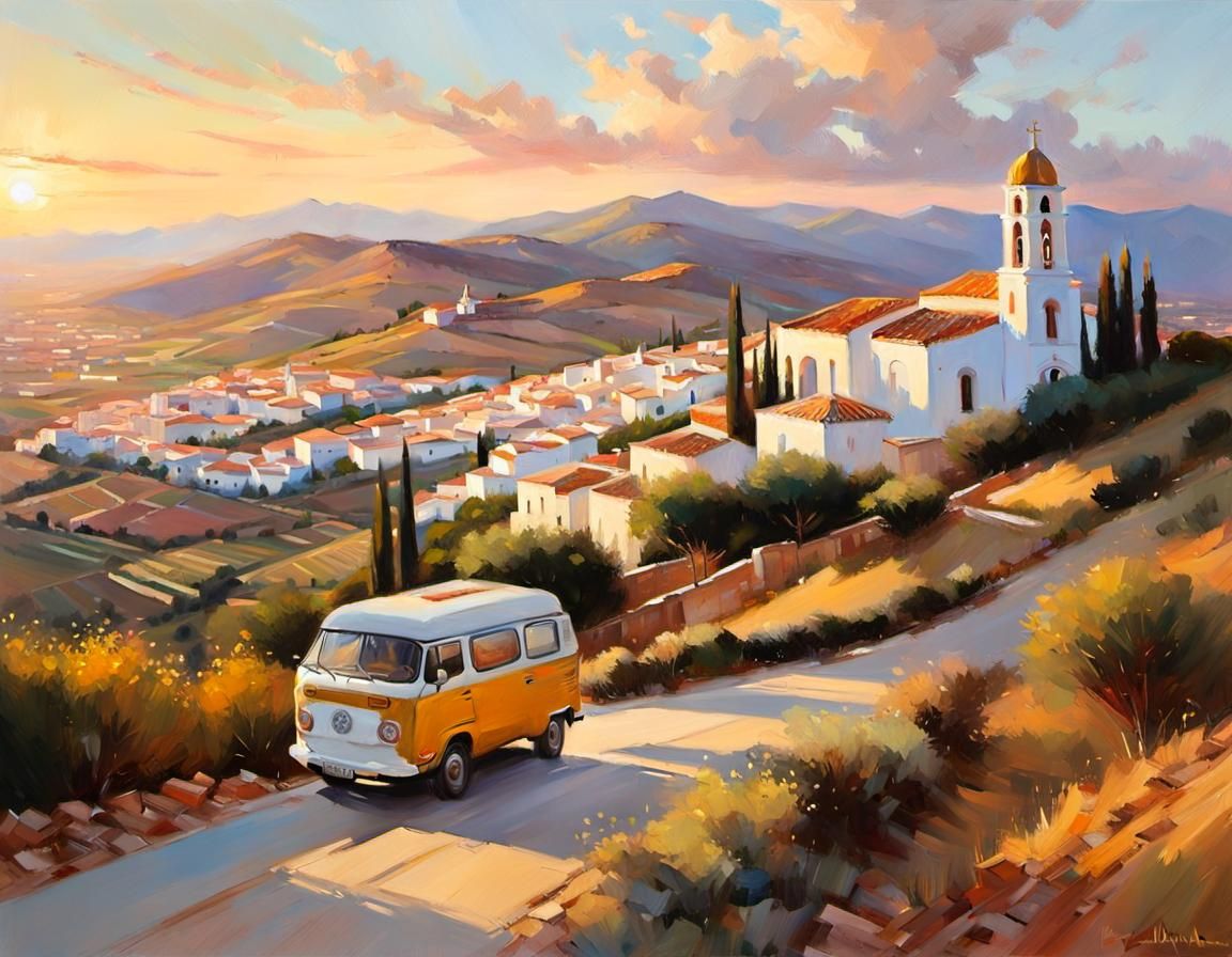 Campervan Drives Through Andalusian Village: Oil Painting