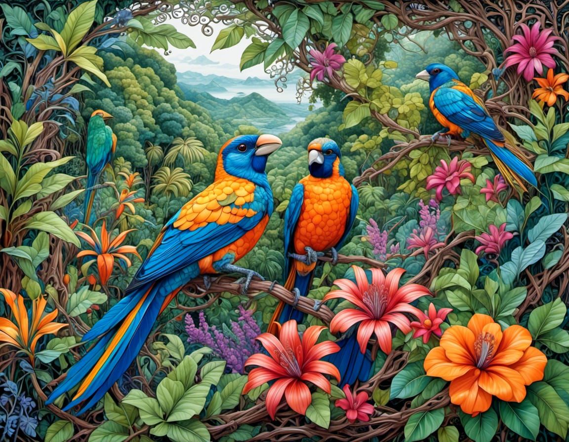 Exotic Zentangle Jungle with Tropical Birds