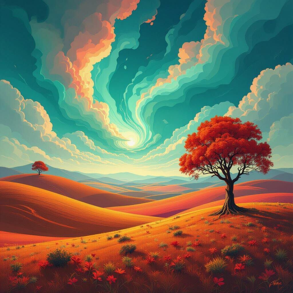 Surreal Landscape of Orange Hills and Teal Sky