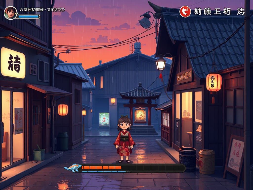 Isometric pixel art screenshot of a cozy retro Japanese street at dusk