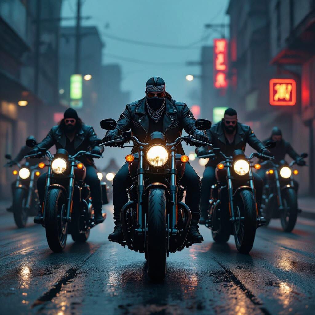 Intimidating Bikers Ride Through Gritty Urban Dusk
