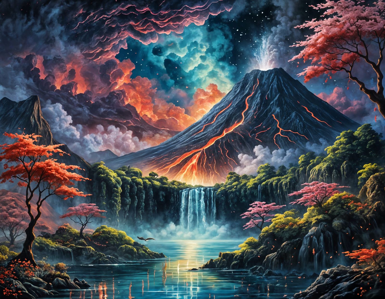 Moonlit Volcanic Landscape in Vibrant Oil Painting