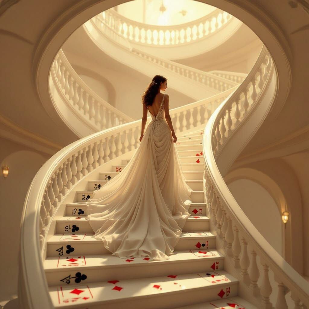 Surreal Woman Ascends Card Staircase in Dreamlike Scene