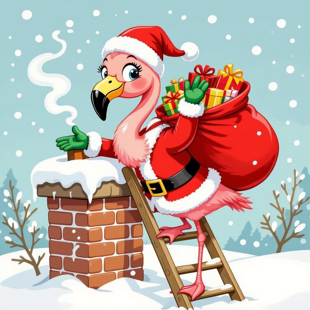 Festive Flamingo Delivers Christmas Presents: Watercolor Sty...