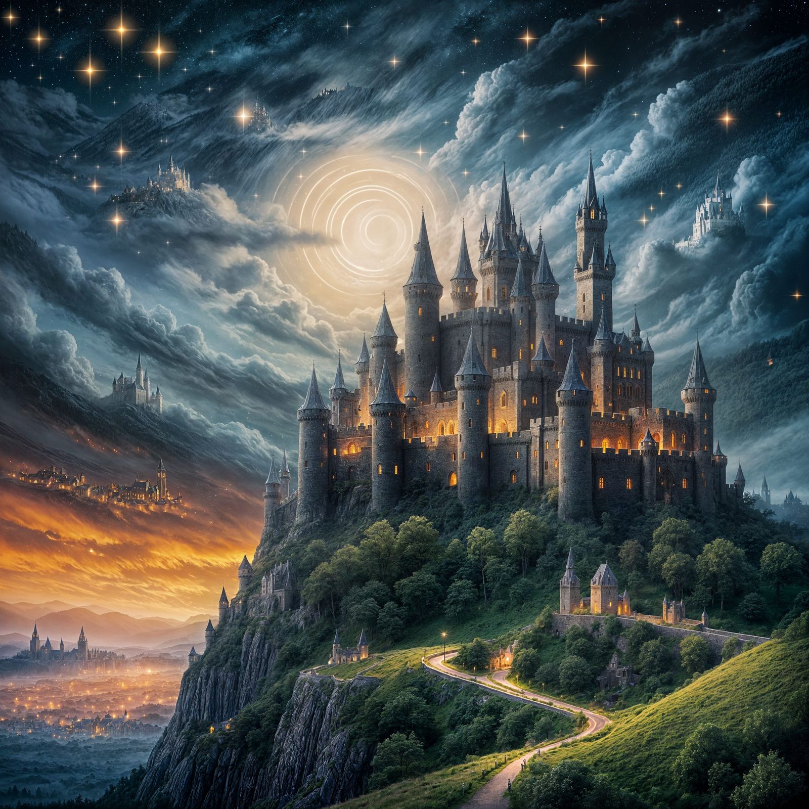 Medieval Castle Under a Colorful Starry Night