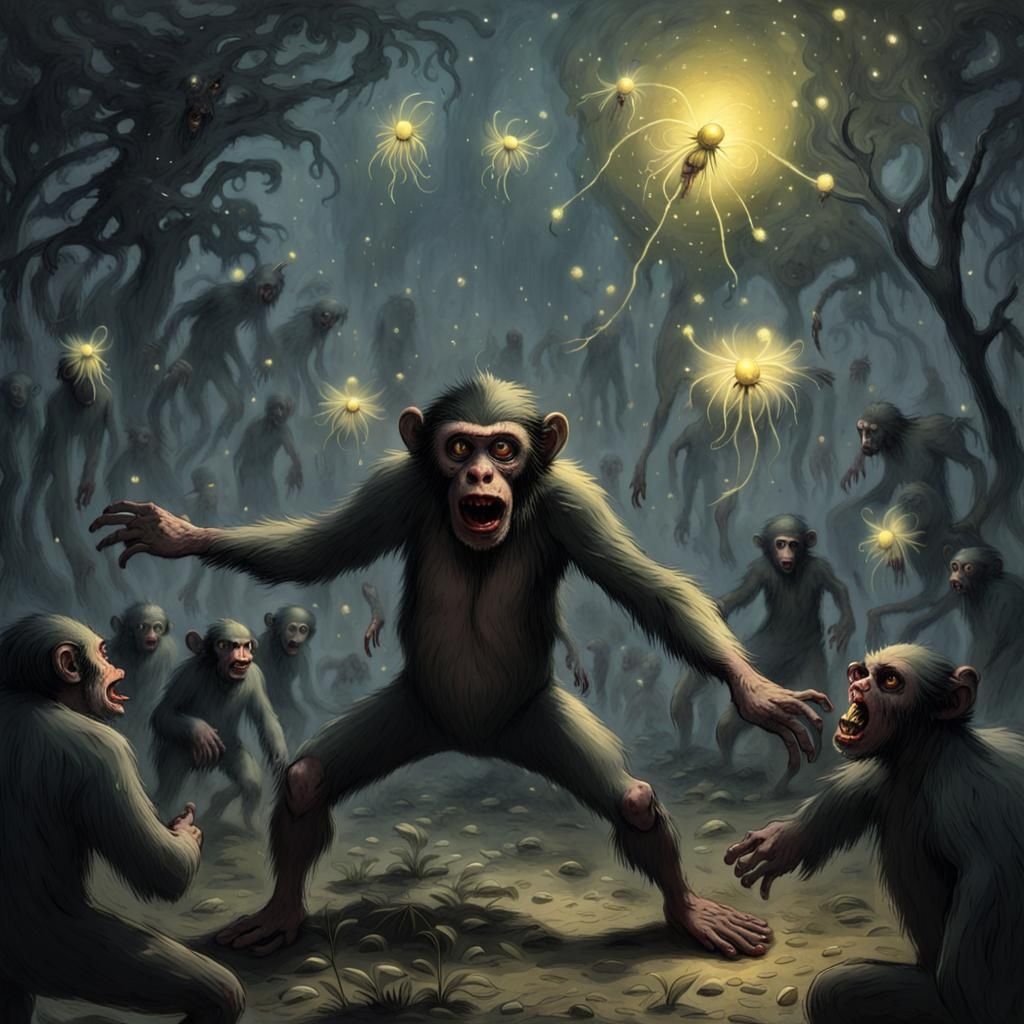 Zombie Monkey Clowns Under Attack: Horror Illustration
